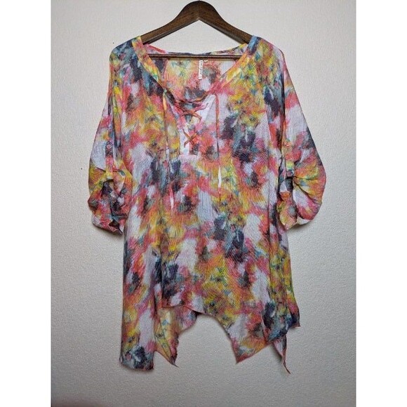 Abstract Floral Lace Up Blouse Womens Size Large Boho Festival Artistic Flowy - Picture 2 of 10